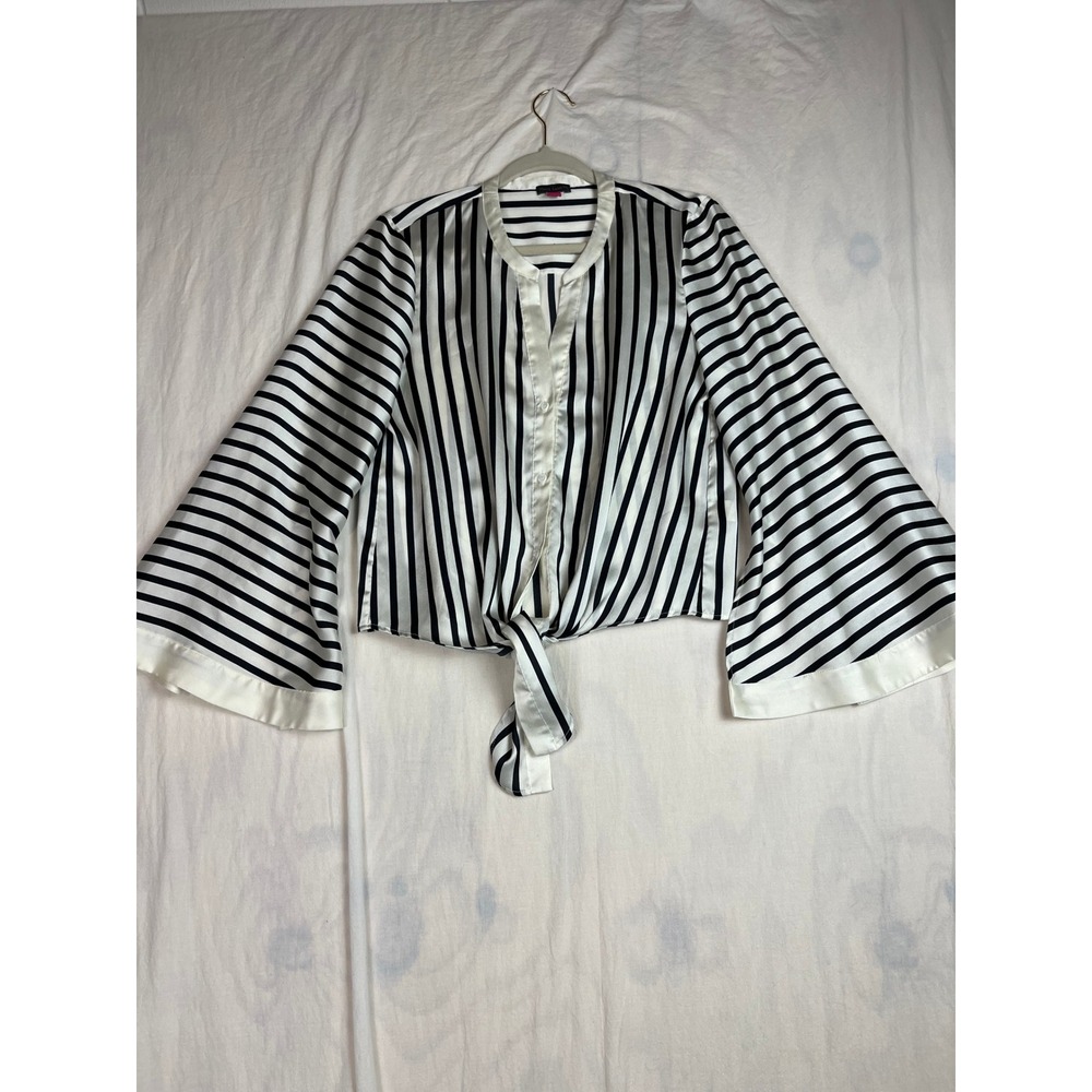 Vince Camuto Womens Striped Tie Front Bell Sleeve Satin Blouse Black White M